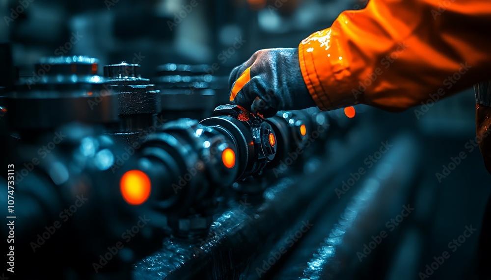 Aufkleber a worker in an orange jacket adjusts industrial machinery controls in a dimly lit environment, highl
