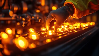 A hand adjusts glowing orange lights on a control panel, highlighting safety gear and a focused industrial environment.
