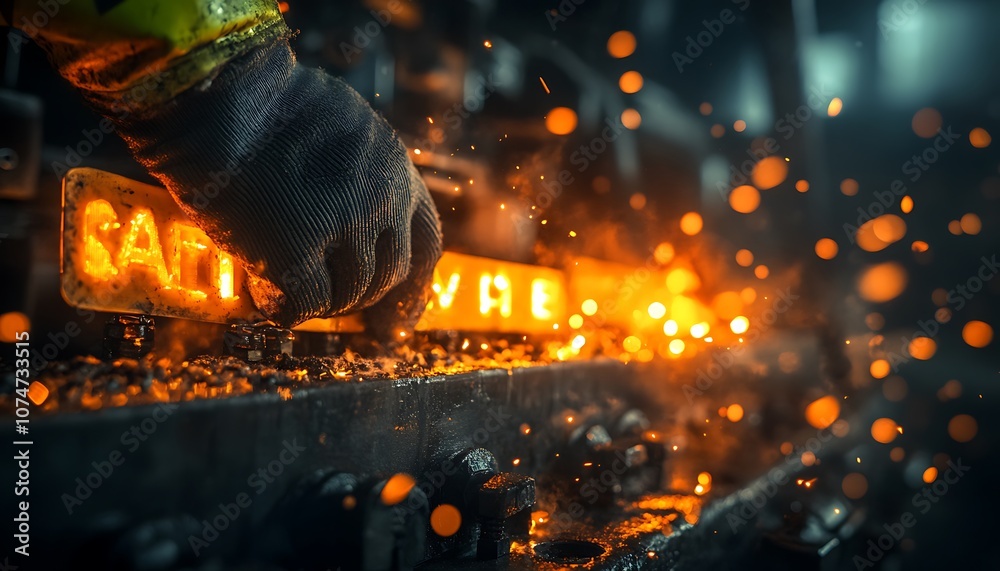 Poster a close-up of a hand working with molten metal, creating sparks and vivid orange flames in a dark in