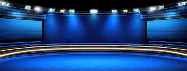 Modern blue-themed virtual TV studio set for news broadcasting with elegant design and dynamic lighting