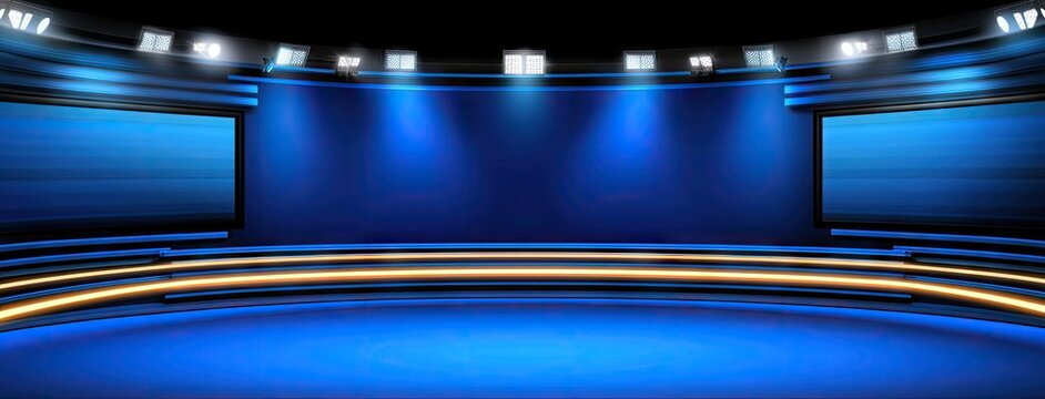 Modern blue-themed virtual TV studio set for news broadcasting with elegant design and dynamic lighting