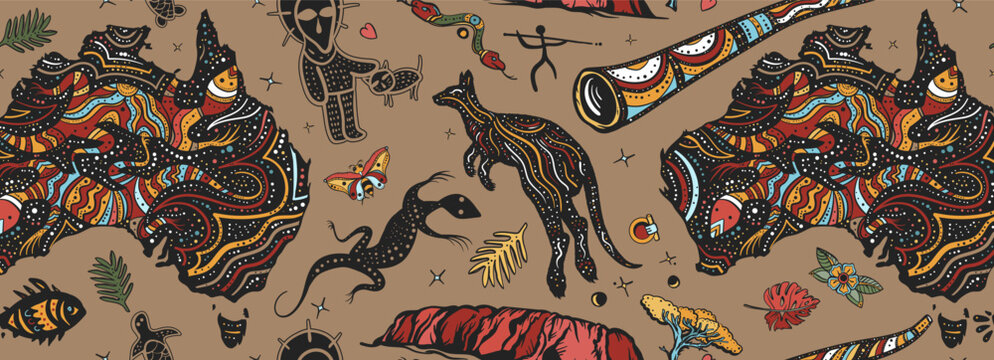 Travel background. Australia seamless pattern. Ethnic Australian map, kangaroo, didgeridoo, rock painting. Outdoors art