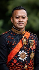 Elegant man in ornate traditional attire with intricate patterns and medals, posing confidently outdoors in a serene natural setting, exuding cultural pride and heritage.