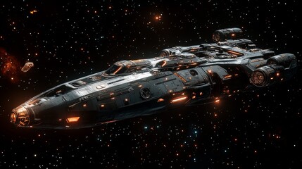 a silver battleship floated in space