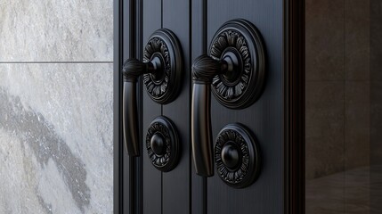 Elegant Black Door with Intricate Hardware
