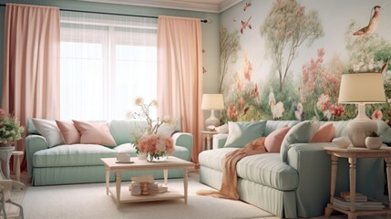 Living Room with Floral Wallpaper