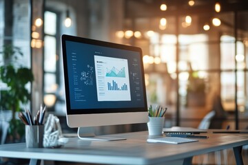 A contemporary office setup features an adjustable height desk with a computer displaying charts, along with office supplies for productivity. Generative AI