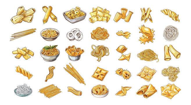 Pasta types cartoon vector set. Spaghetti wok macaroni flour rice noodles pots linguine ravioli rigatoni , food culinary cooking ingredients italian asian groceries elements, isolated artworks