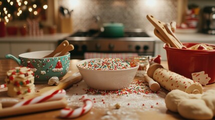 Medium shot of a kitchen counter filled with holiday-themed baking supplies, including rolling pins, festive sprinkles, and bowls of dough.