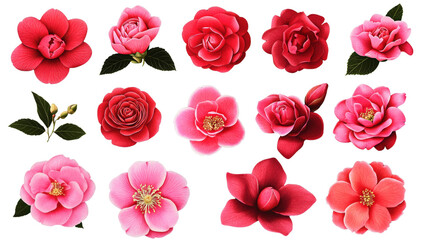 Naklejka premium PNG Vibrant pink and red Camellia and rose flower collection, perfect for spring invitations and decorations
