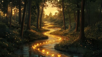 Obraz premium a picturesque river winds through a lush forest, with glowing arrows of light guiding its path, symbolizing trends. The tall trees frame the scene, bathed in the warm glow of sunset.