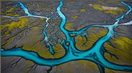 Aerial view of intricate river networks winding through vibrant green and gray terrain in Iceland