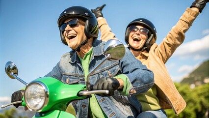 Cheerful senior couple riding a green scooter outdoors on a sunny day. The man drives while the woman joyfully raises her arms, celebrating freedom, adventure, and an active lifestyle.