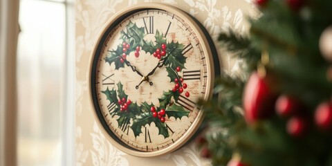 Close-up of a holiday-themed wall clock with a festive design featuring holly leaves and red berries, hanging on a decorated wall.