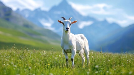 Obraz premium White Goat in a Mountain Meadow
