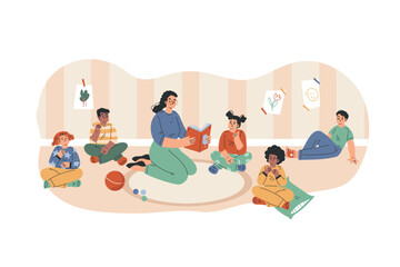Preschool Kids with Woman Kindergarten Teacher Listen to Story Reading Book Vector Illustration
