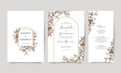 Elegant wedding invitation template set with beautiful watercolor leaves