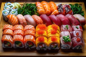 Assorted Sushi Rolls on a Wooden Plate