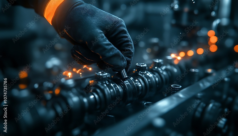 Leinwandbilder a close-up of a gloved hand adjusting machinery components, with glowing elements, emphasizing preci