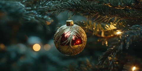 Close-up of a decorative bauble with a gold and red design, hanging from a branch of a Christmas tree, sparkling under the tree lights.