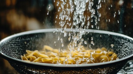 A low-angle view of a colander being used to drain pasta, with water cascading down. The background is softly blurred for effect.