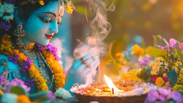 Statue of Hindu god Lord Krishna with diya lamp and flowers in temple. Hindu Puja. Festival Vishu celebration. Template holiday Ugadi, Gudi Padwa, Diwali or Krishna Janmashtami