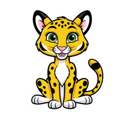 Cartoon style cheetah sticker with big green eyes, spotted fur, and cheerful expression on white background, generative ai