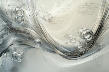 Light grey backdrop, handwritten note with floating bubbles, swirling patterns, drapes, and regions with bright highlights. The bubbles are silver threads.