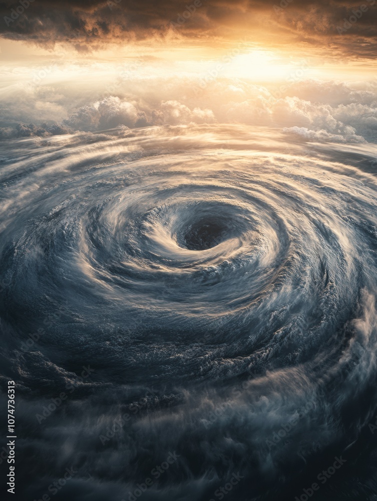 Poster a massive hurricane develops in the open ocean during sunset, showcasing swirling clouds and powerfu