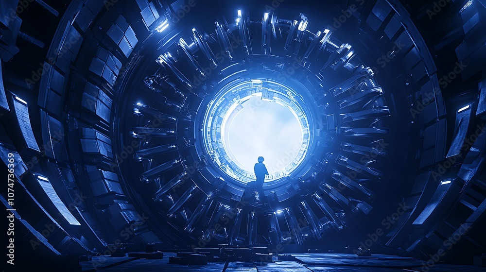 Poster A mysterious figure stands before a circular gateway of glowing blue light, creating an intriguing and futuristic atmosphere.