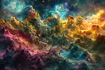 Surreal alien landscapes and unusual celestial formations, imaginative atmosphere full of wonder, colorful planets and stars intertwining, abstract vision of an extraterrestrial world