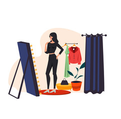 Fitting room vector illustration, Female customer choosing clothes in a fashion store, trying them on in the fitting room and in front of the mirror, and hanger with clothes vector set