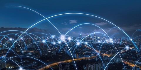 Cityscape with digital connections urban night connectivity.