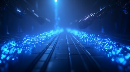 A futuristic scene with glowing blue digital elements along a sleek path, illuminated by soft light, creating a sci-fi atmosphere.