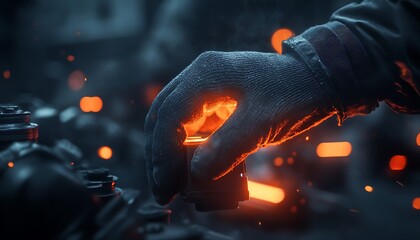 A gloved hand holds a glowing piece of material amidst sparks, showcasing craftsmanship and the art of metalworking in a dimly lit environment.