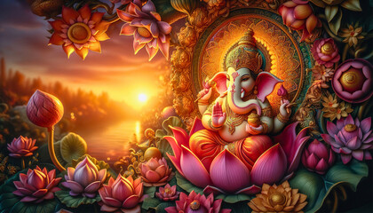 Fototapeta premium Explore the divine essence of ganesha amidst vibrant lotus blooms at sunset