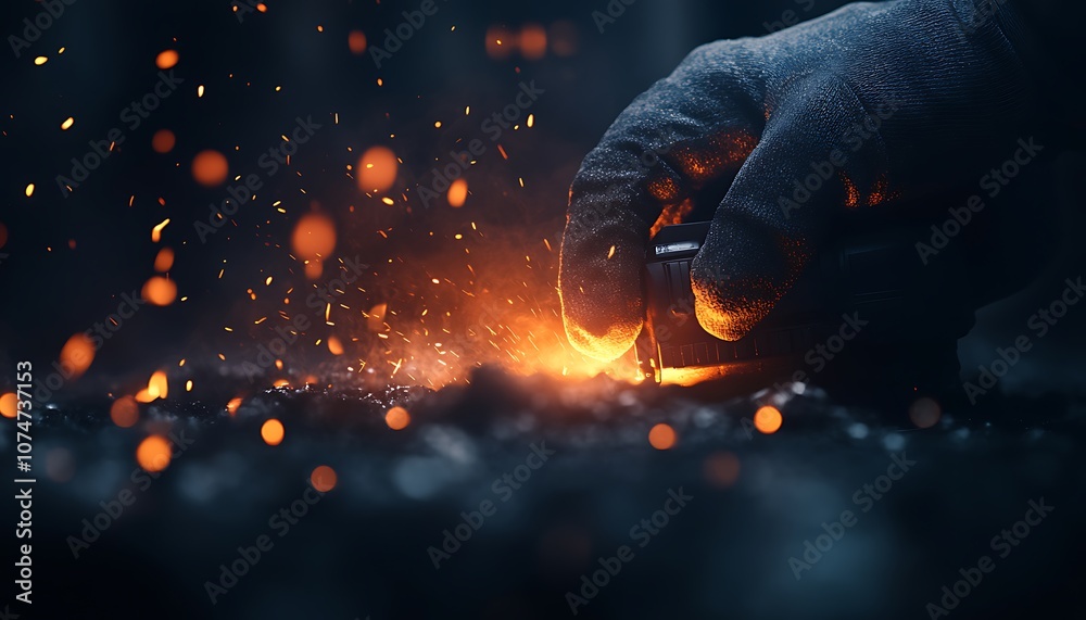 Aufkleber a close-up view of a hand working with glowing embers, with sparks flying, creating a dramatic and i