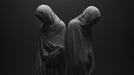 Two shrouded figures standing back to back, embodying isolation and introspection in a shadowy, abstract space