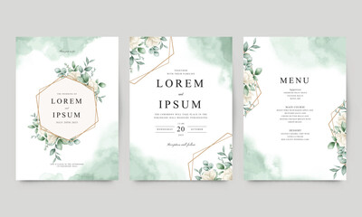 Geometric frame flowers and leaves watercolor elegant wedding invitation set template