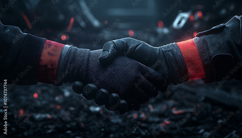 Poster a close-up of two gloved hands shaking in a dark, futuristic environment, symbolizing partnership an