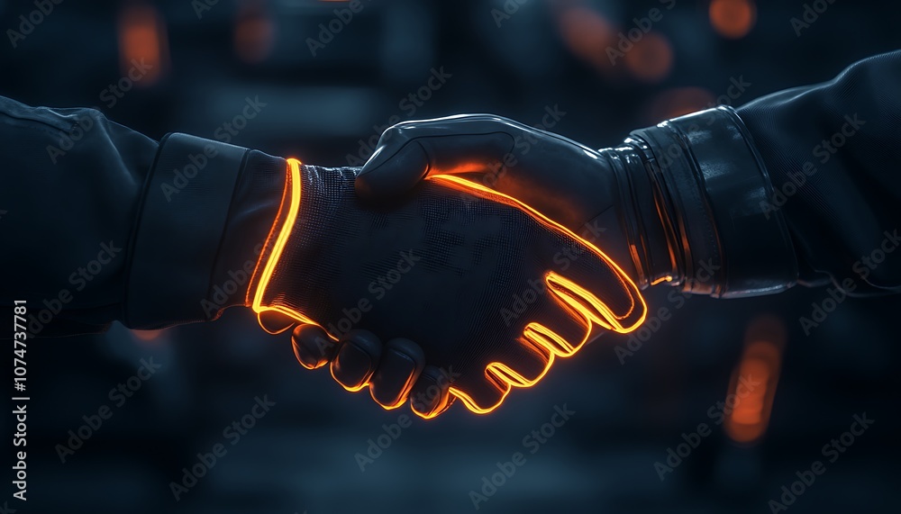 Aufkleber Futuristic handshake between two glowing-gloved hands, symbolizing collaboration and connection in a high-tech environment.