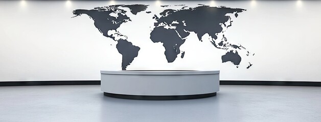 An empty modern TV news studio featuring a sleek circular desk and a digital world map backdrop, ready for broadcasting important news events