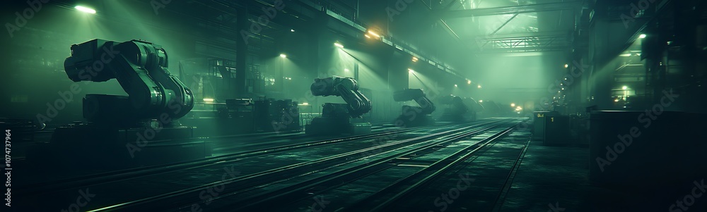 Poster A dark, industrial setting with robotic arms and shadows, illuminated by green lights, creating a mysterious and futuristic atmosphere.