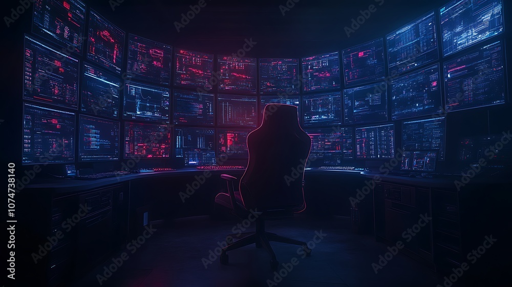 Aufkleber A dark room filled with illuminated screens displaying vibrant blue and red patterns, suggesting a high-tech environment or data analysis hub.