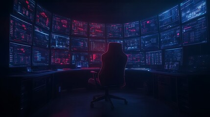 A dark room filled with illuminated screens displaying vibrant blue and red patterns, suggesting a high-tech environment or data analysis hub.