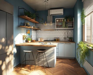 A kitchen with a counter and two stools. The counter is made of wood and has a potted plant on it. There is a window with a plant in it