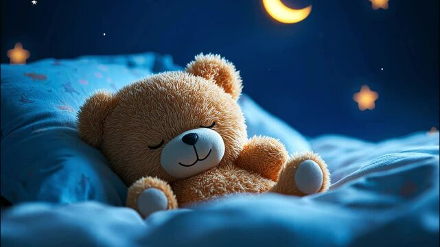 Cute teddy bear in bed under moonlight, creating a warm and cozy bedtime scene