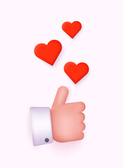 Hand symbol like approved and red heart love. Social media online platform concept, online social communication on applications. 3D Web Vector Illustrations.