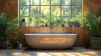 Fototapeta premium bathtub near window with plants