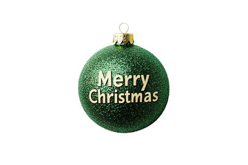 green glitter Christmas bauble with the inscription "Merry Christmas" isolated on background, minimalist design